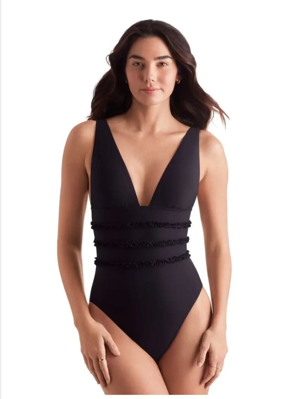 Mimi Flamingo Sonny Ruffle One Piece Swimsuit 10 NWOT Black Travel Resort Beach